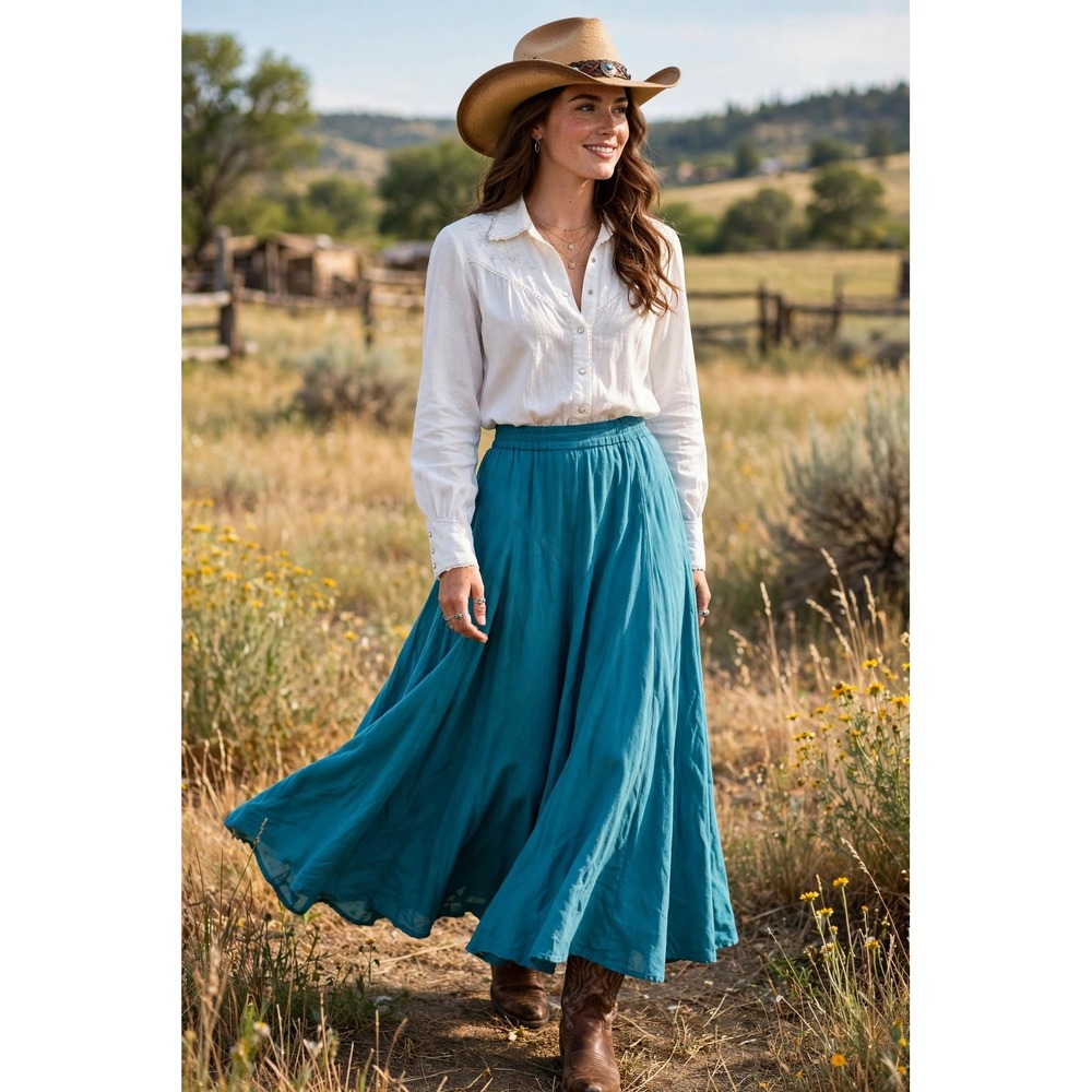 Vtg Longhorn Womens Small Full Long Skirt 90s Solid Turquoise Western Boho Flowy